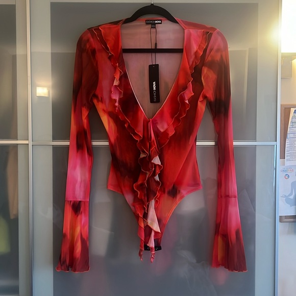 Fashion Nova Tops - Mesh red bodysuit